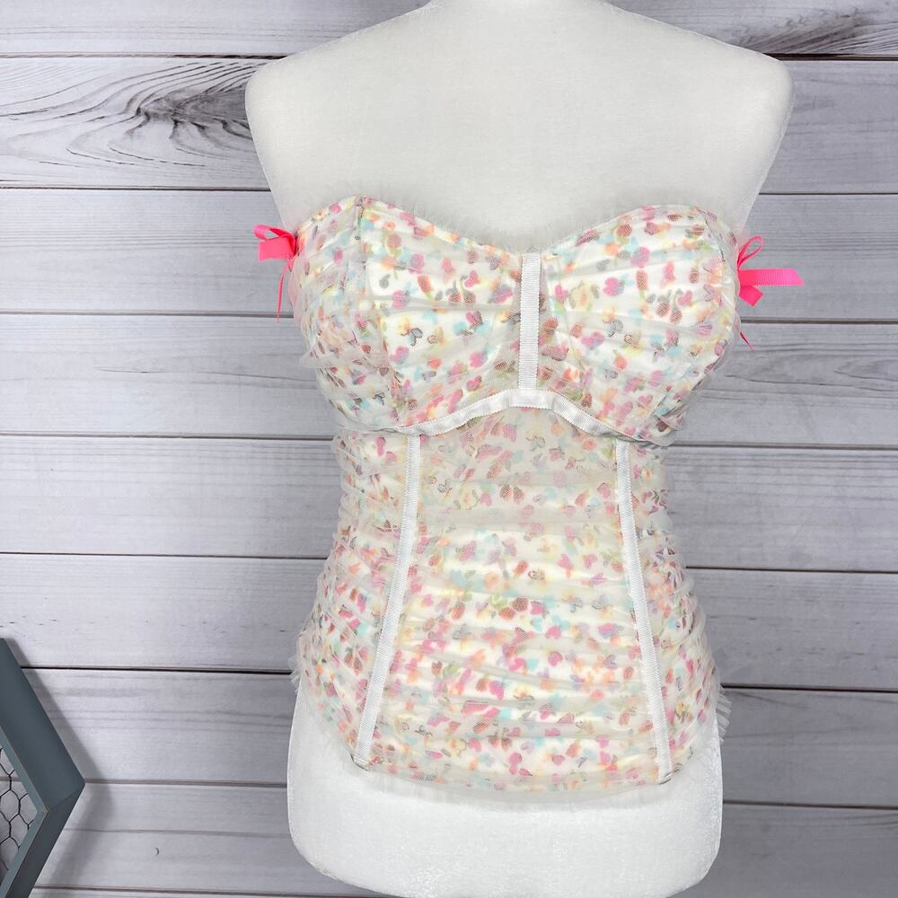 Sheer Strapless Floral Bustier in Cream with Pink Accents